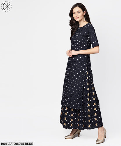 Navy Blue Three Piece Kurta Set With Palazzo & Magenta Dupatta