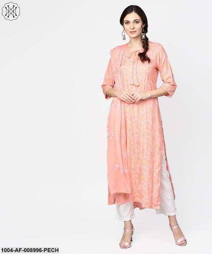 Peach Printed 3/4Th Sleeve Kurta With Dupatta And White Palazzo