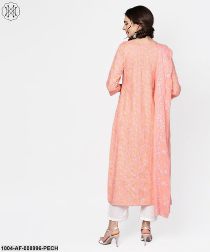 Peach Printed 3/4Th Sleeve Kurta With Dupatta And White Palazzo
