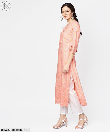 Peach Printed 3/4Th Sleeve Kurta With Dupatta And White Palazzo