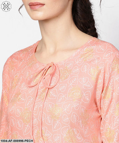 Peach Printed 3/4Th Sleeve Kurta With Dupatta And White Palazzo
