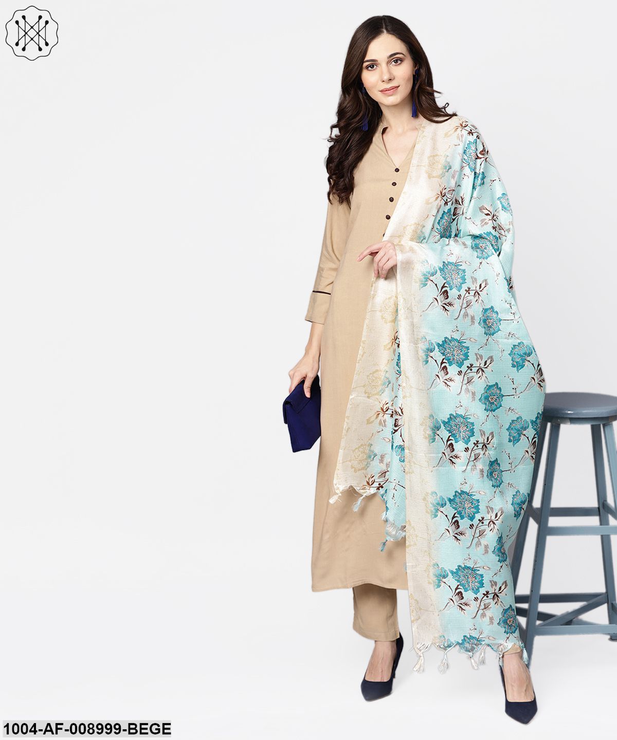 Beige 3/4Th Sleeve Kurta With Ankle Length Palazzo And Printed Dupatta