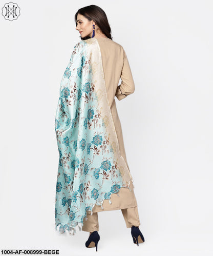 Beige 3/4Th Sleeve Kurta With Ankle Length Palazzo And Printed Dupatta