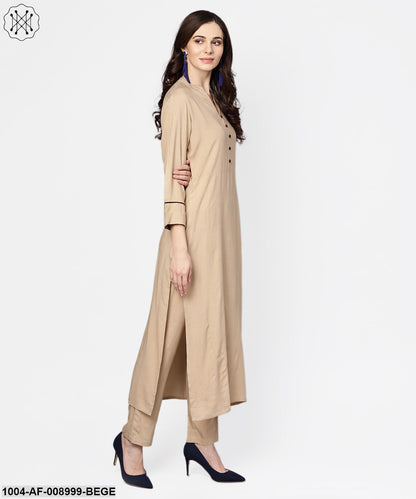 Beige 3/4Th Sleeve Kurta With Ankle Length Palazzo And Printed Dupatta