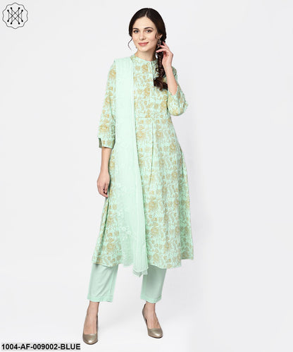 Blue Printed 3/4Th Sleeve Cotton Kurta With Printed Palazzo And Embroidery Dupatta