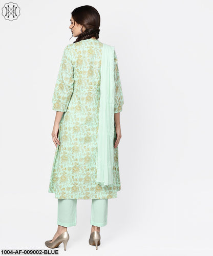 Blue Printed 3/4Th Sleeve Cotton Kurta With Printed Palazzo And Embroidery Dupatta