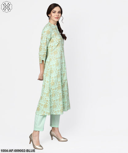 Blue Printed 3/4Th Sleeve Cotton Kurta With Printed Palazzo And Embroidery Dupatta