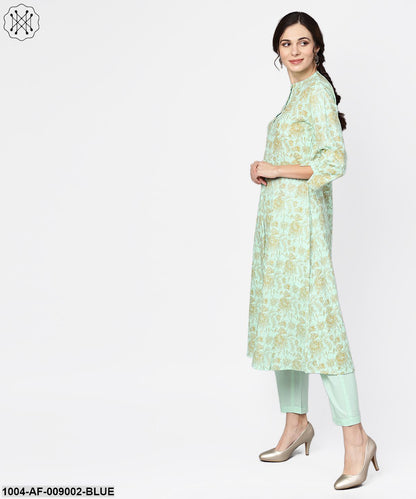 Blue Printed 3/4Th Sleeve Cotton Kurta With Printed Palazzo And Embroidery Dupatta