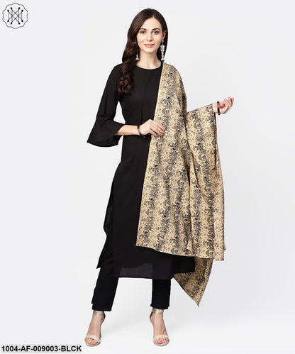 Black 3/4Th Sleeve Cotton Kurta And Palazzo With Beige Printed Dupatta