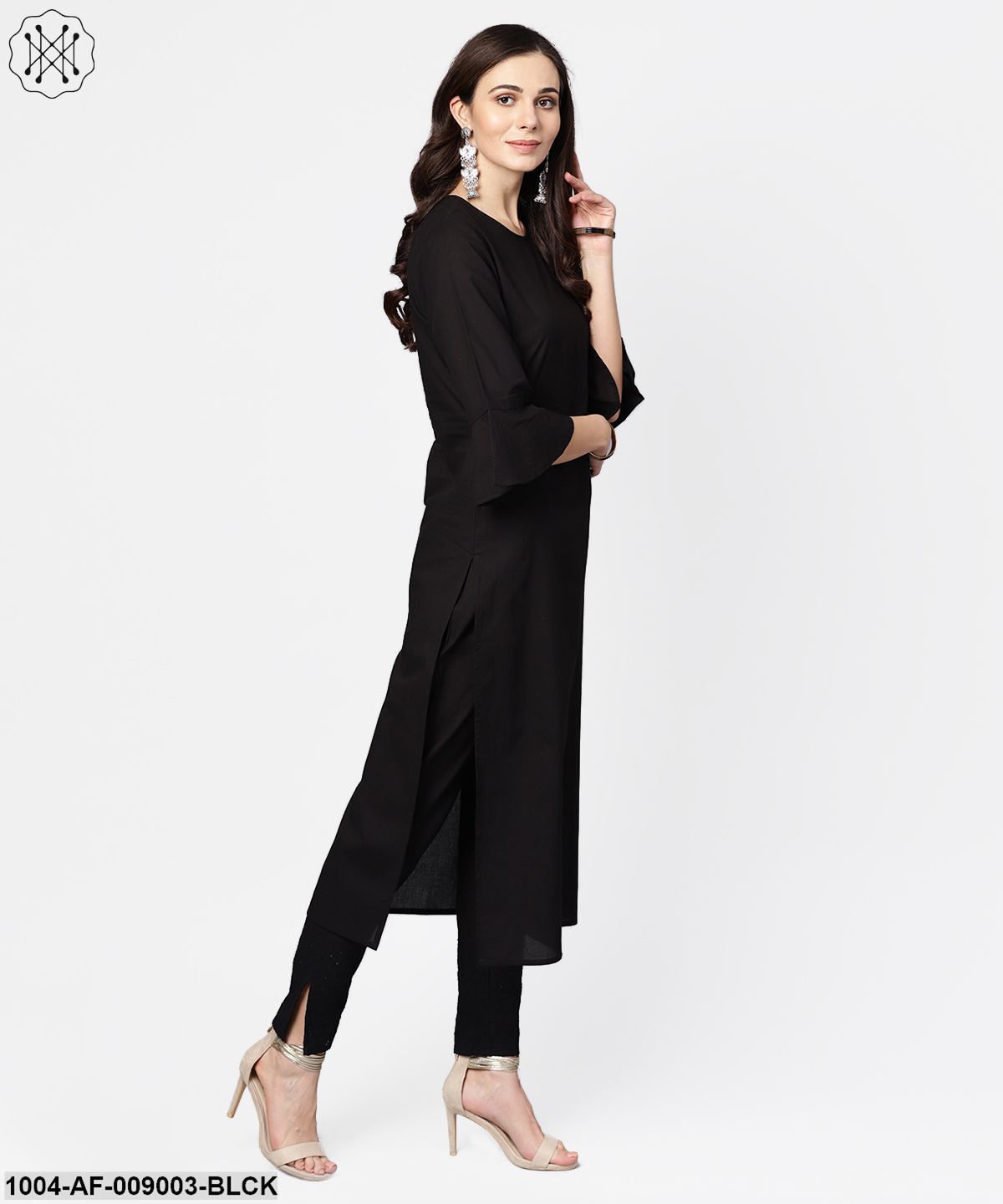 Black 3/4Th Sleeve Cotton Kurta And Palazzo With Beige Printed Dupatta