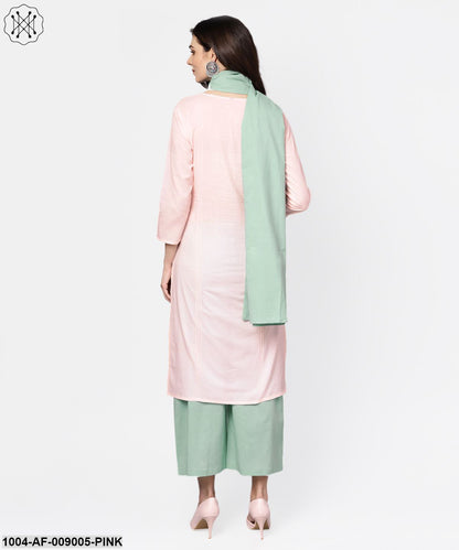 Solid Pink 3/4Th Cotton Kurta With Green Palazzo And Dupatta