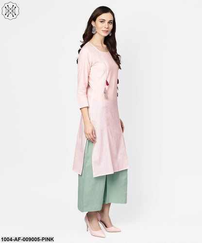 Solid Pink 3/4Th Cotton Kurta With Green Palazzo And Dupatta