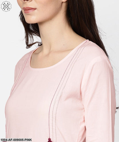 Solid Pink 3/4Th Cotton Kurta With Green Palazzo And Dupatta