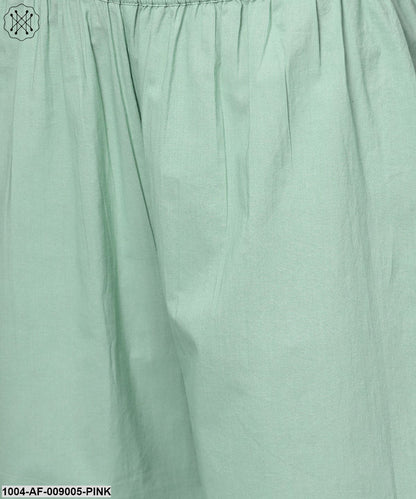 Solid Pink 3/4Th Cotton Kurta With Green Palazzo And Dupatta