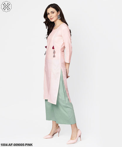Solid Pink 3/4Th Cotton Kurta With Green Palazzo And Dupatta