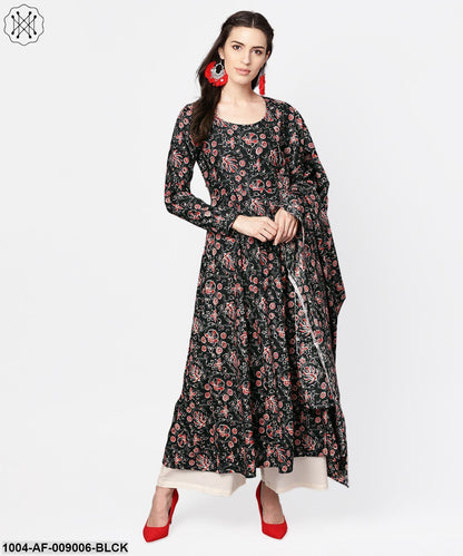 Black Printed Full Sleeve Rayon Kurta With Dupatta And Solid Beige Palazzo