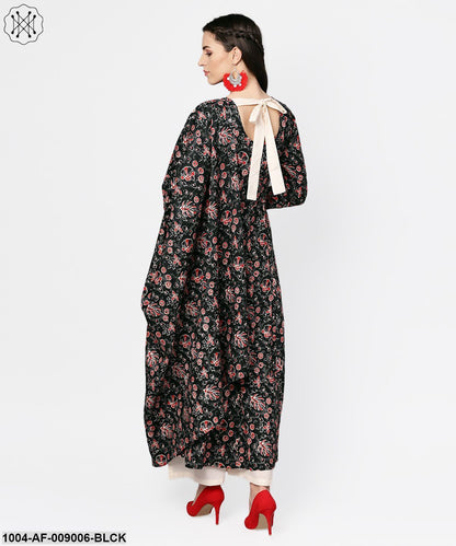 Black Printed Full Sleeve Rayon Kurta With Dupatta And Solid Beige Palazzo