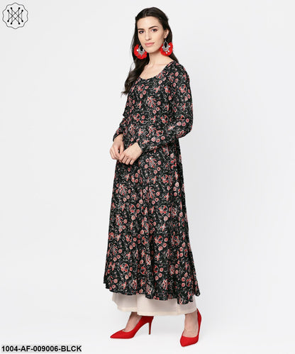 Black Printed Full Sleeve Rayon Kurta With Dupatta And Solid Beige Palazzo