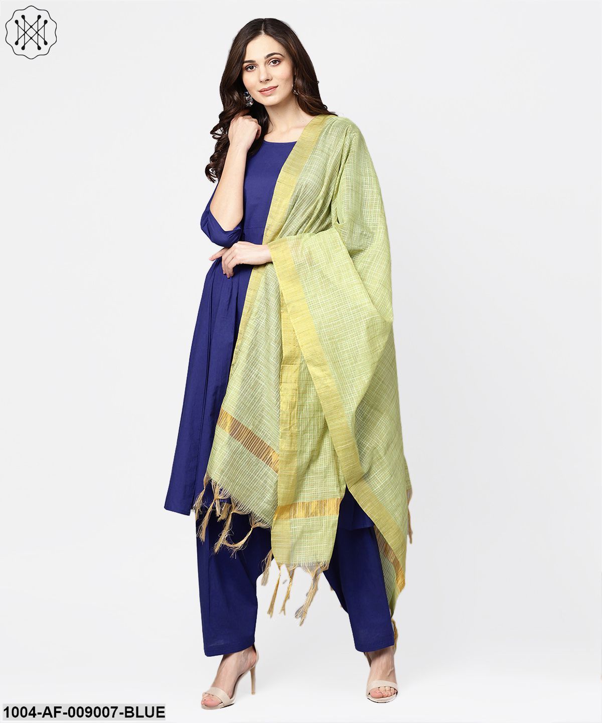 Blue 3/4Th Sleeve Cotton A-Line Kurta With Palazzo And Yellow Dupatta