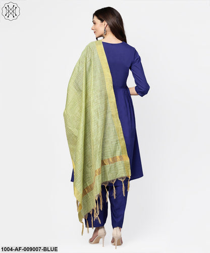 Blue 3/4Th Sleeve Cotton A-Line Kurta With Palazzo And Yellow Dupatta