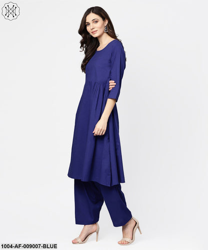 Blue 3/4Th Sleeve Cotton A-Line Kurta With Palazzo And Yellow Dupatta