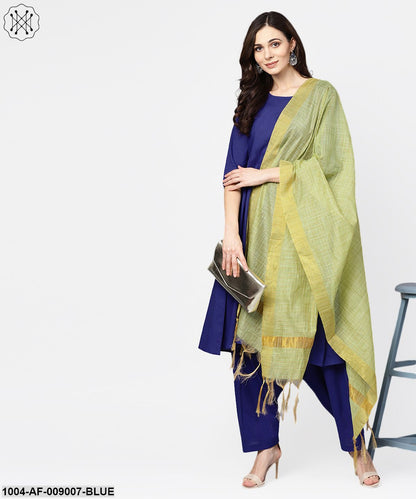 Blue 3/4Th Sleeve Cotton A-Line Kurta With Palazzo And Yellow Dupatta