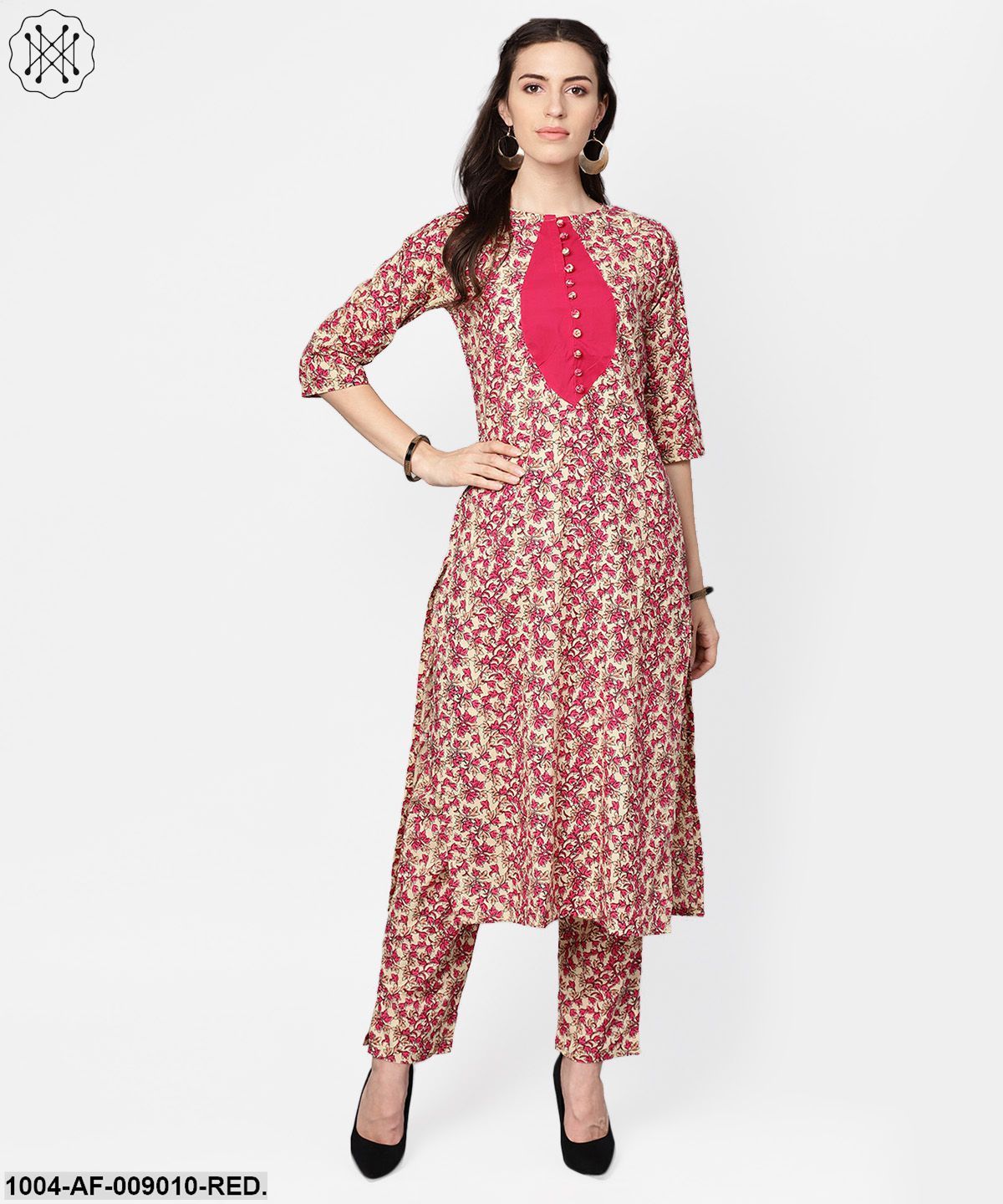 Red Printed Half Sleeve Cotton Kurta With Palazzo And Purple Dupatta