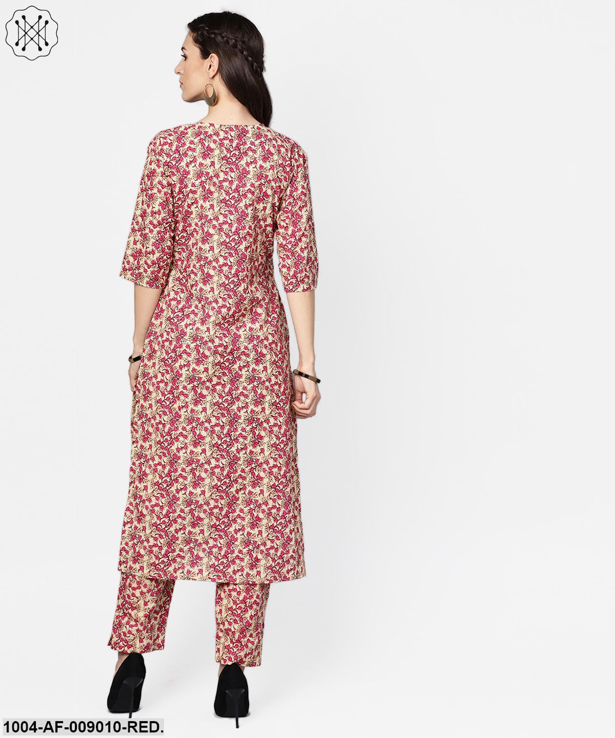 Red Printed Half Sleeve Cotton Kurta With Palazzo And Purple Dupatta