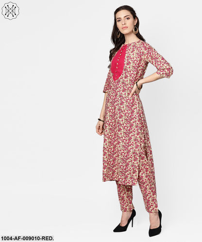Red Printed Half Sleeve Cotton Kurta With Palazzo And Purple Dupatta