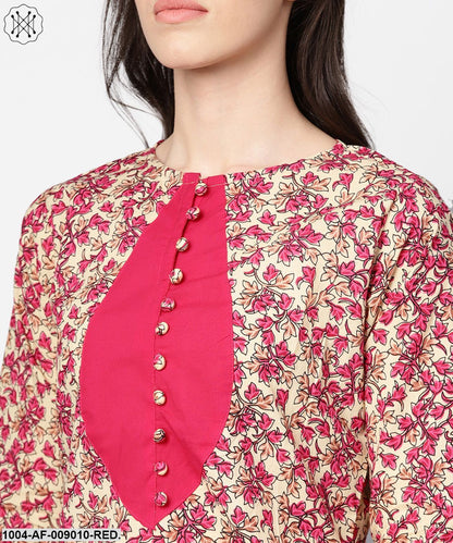Red Printed Half Sleeve Cotton Kurta With Palazzo And Purple Dupatta