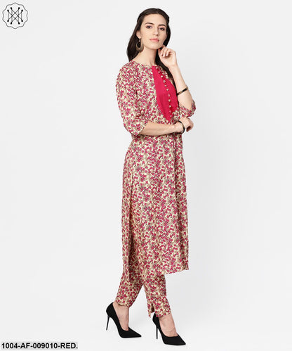 Red Printed Half Sleeve Cotton Kurta With Palazzo And Purple Dupatta