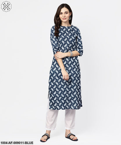 Navy Blue Printed 3/4Th Sleeve A-Line Cotton Kurta With White Palazzo