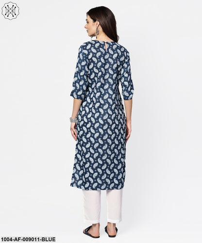 Navy Blue Printed 3/4Th Sleeve A-Line Cotton Kurta With White Palazzo