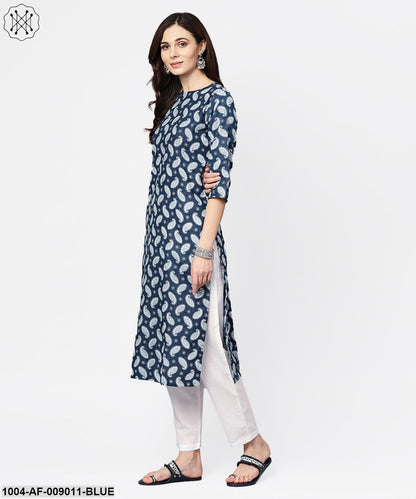 Navy Blue Printed 3/4Th Sleeve A-Line Cotton Kurta With White Palazzo