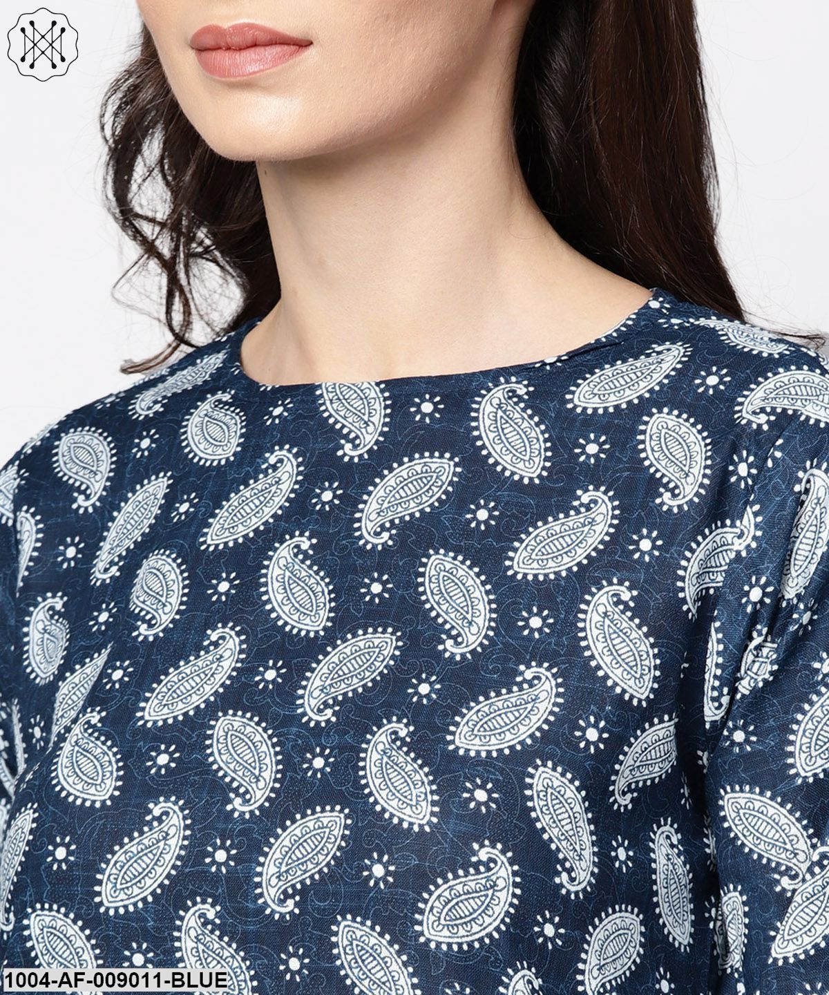 Navy Blue Printed 3/4Th Sleeve A-Line Cotton Kurta With White Palazzo