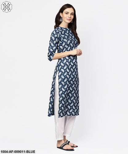 Navy Blue Printed 3/4Th Sleeve A-Line Cotton Kurta With White Palazzo
