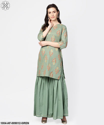 Green Printed Half Sleeve Cotton Kurta With Sahara