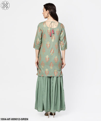 Green Printed Half Sleeve Cotton Kurta With Sahara