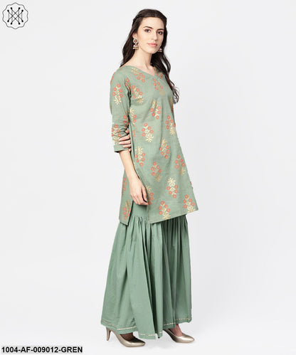 Green Printed Half Sleeve Cotton Kurta With Sahara