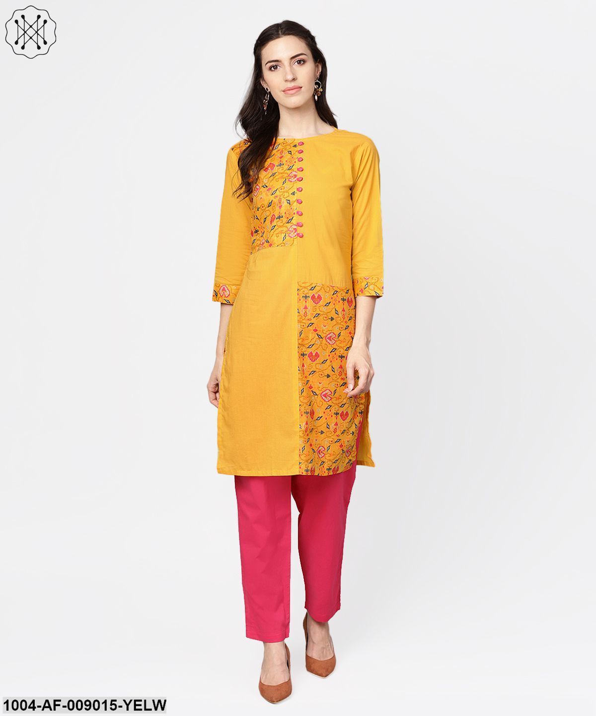 Yellow Printed 3/4Th Sleeve Cotton Kurta With Red Palazzo