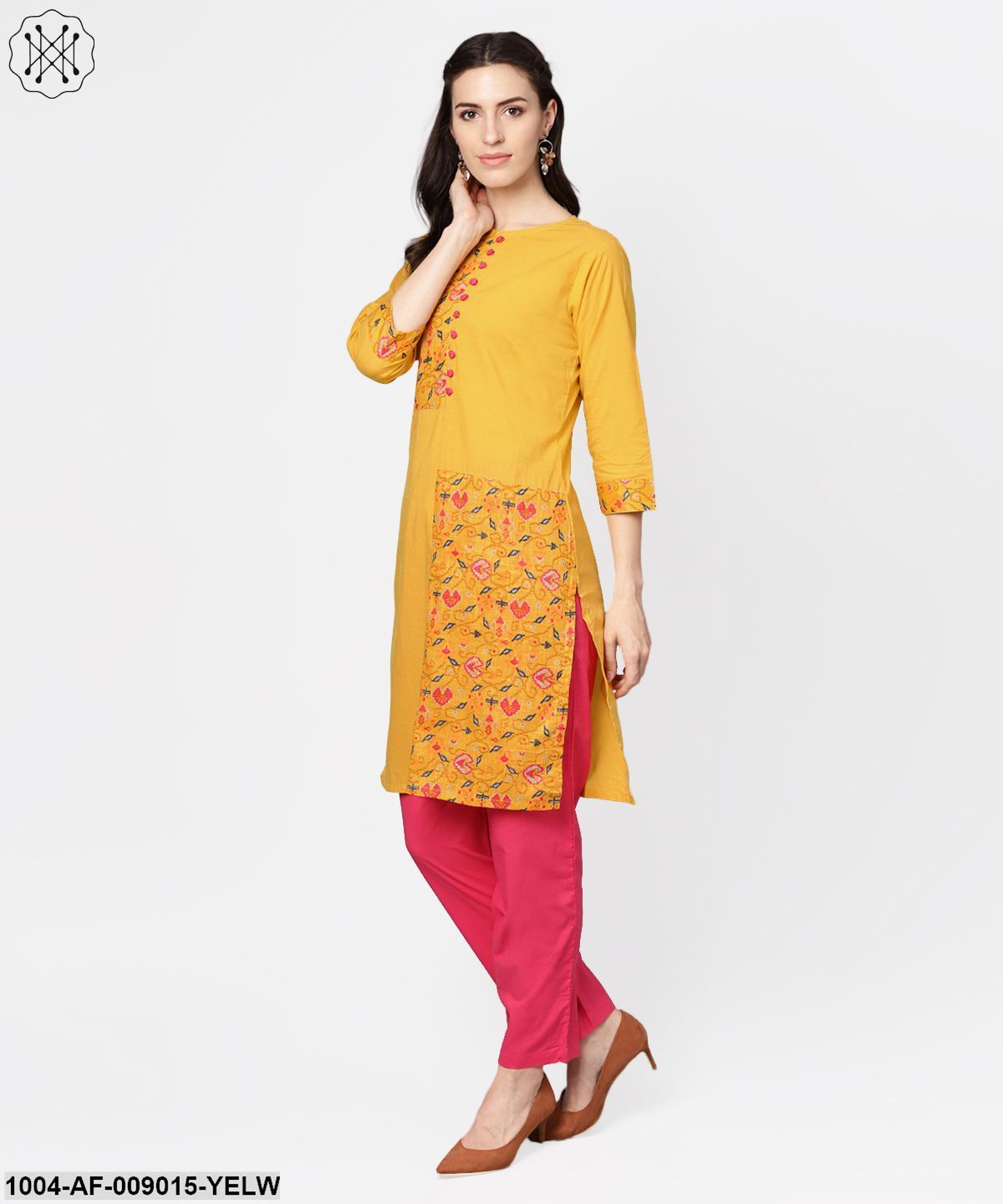 Yellow Printed 3/4Th Sleeve Cotton Kurta With Red Palazzo