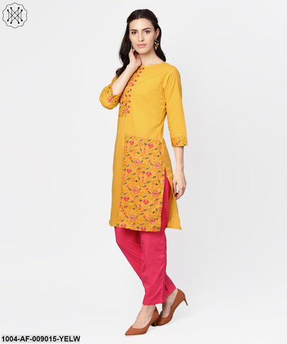 Yellow Printed 3/4Th Sleeve Cotton Kurta With Red Palazzo