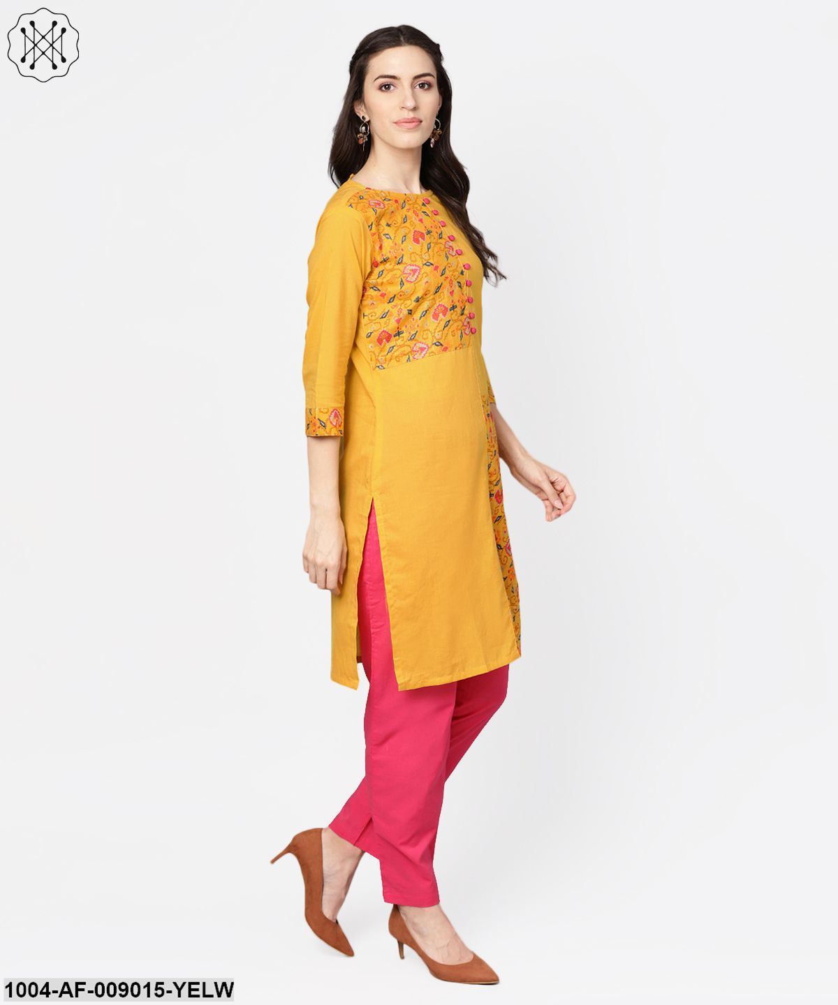 Yellow Printed 3/4Th Sleeve Cotton Kurta With Red Palazzo