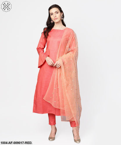 Red Full Sleeve Cotton Kurta With Pant And Brocade Dupatta