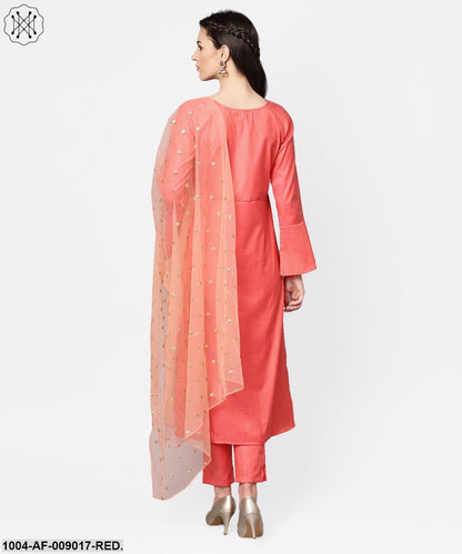 Red Full Sleeve Cotton Kurta With Pant And Brocade Dupatta