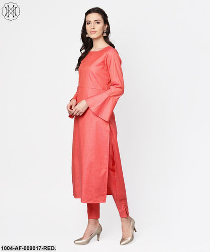 Red Full Sleeve Cotton Kurta With Pant And Brocade Dupatta