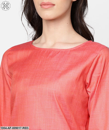 Red Full Sleeve Cotton Kurta With Pant And Brocade Dupatta