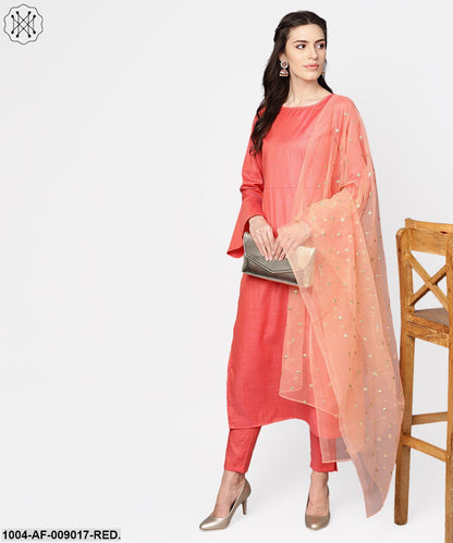 Red Full Sleeve Cotton Kurta With Pant And Brocade Dupatta