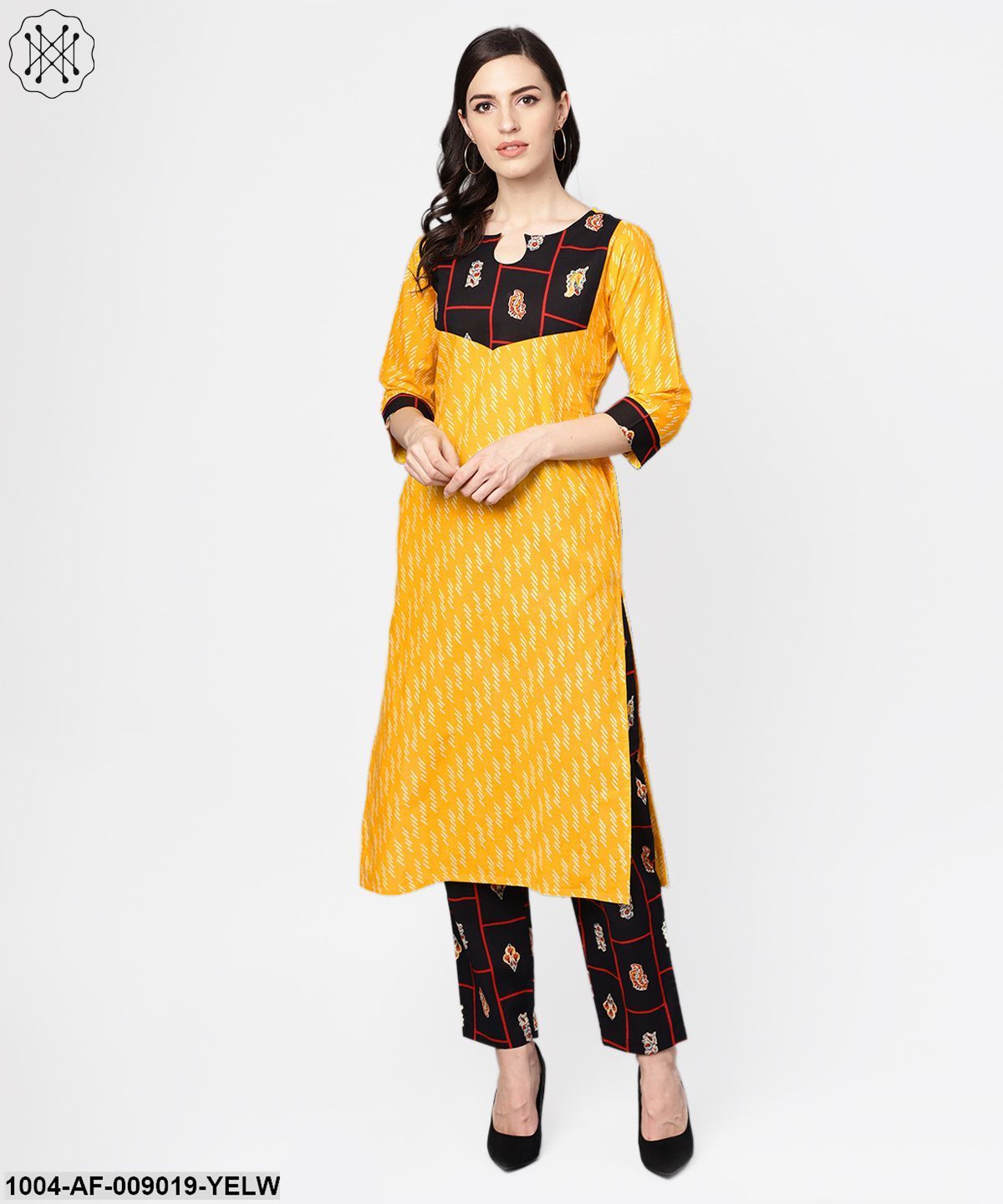 Yellow 3/4Th Sleeve Cotton Kurta With Navy Blue Ankle Length Palazzo