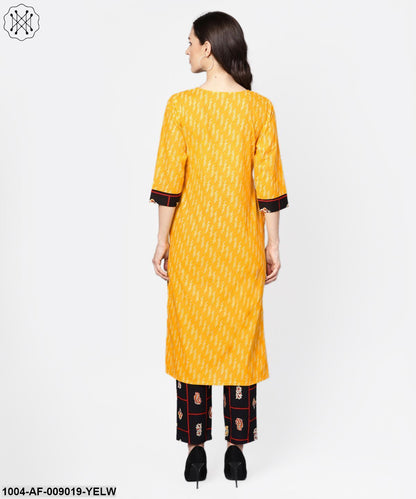Yellow 3/4Th Sleeve Cotton Kurta With Navy Blue Ankle Length Palazzo